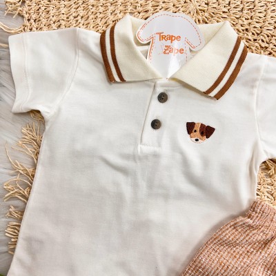 Conj. Camisa Gola Polo Cachorrinho e Bermuda em Linho - Marrom